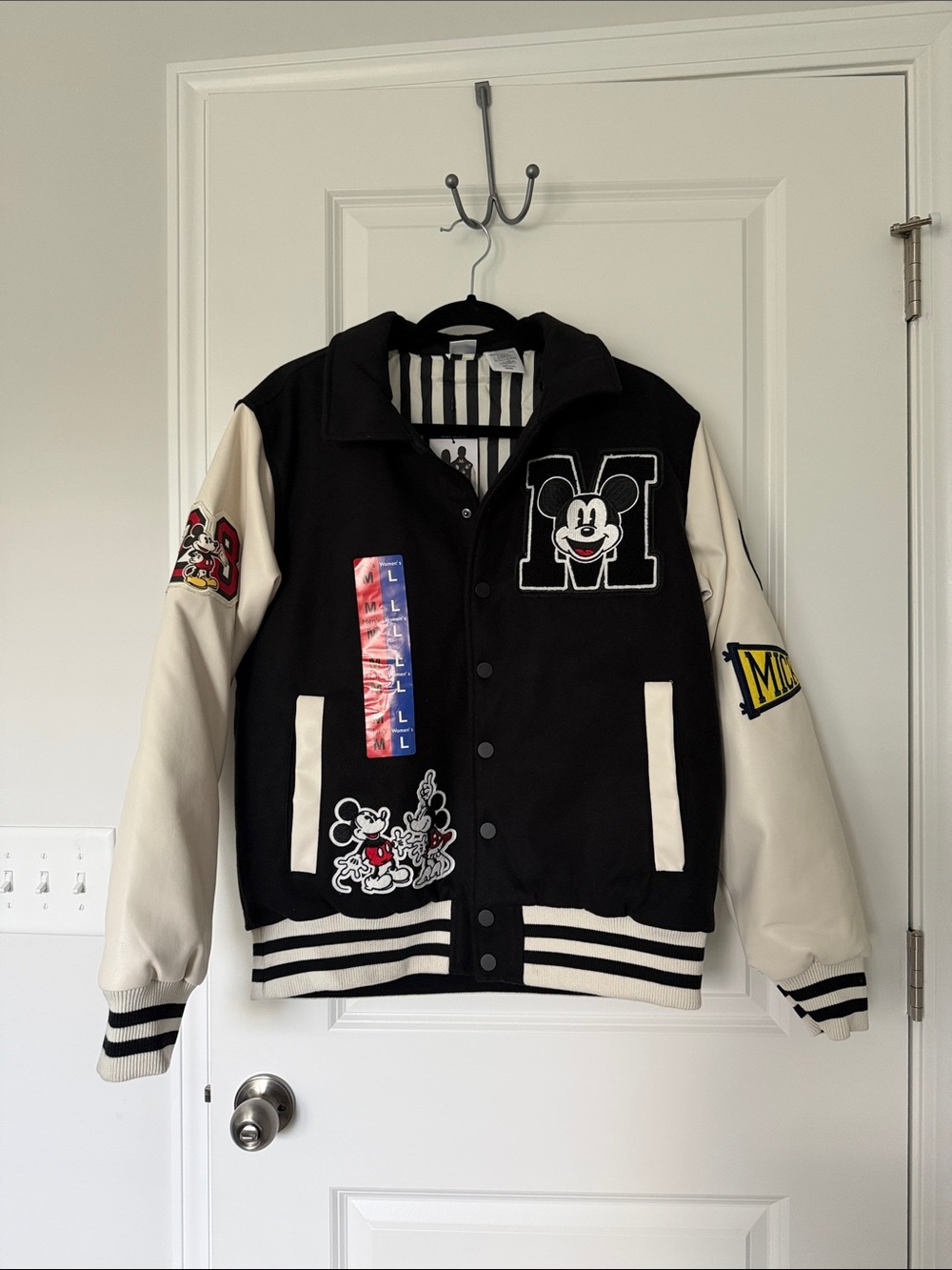 Adult Black and Cream Mickey Varsity Jacket - Cartoon Patch Bomber
